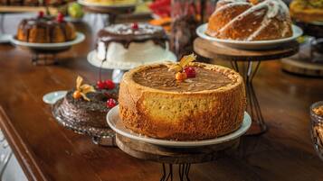 A variety of cakes on display.