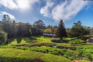 Un campo de golf con un estanque, rodeado de abundante vegetación y árboles.