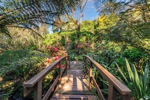Un pont en bois traversant un jardin luxuriant, caractérisé par un feuillage dense et des plantes en fleurs.