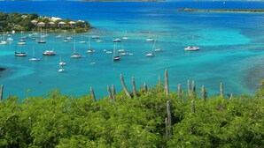 A marina with numerous sailboats anchored in clear turquoise waters, surrounded by lush greenery and distant hills. - Suite St. John at Gallows Point Resort (St. John)