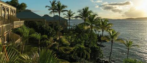 A beachfront property with a large building, palm trees, and a view of the ocean.