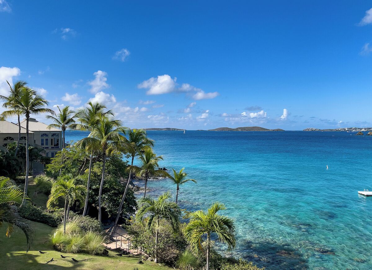 Vista de una playa tropical con agua azul cristalina, palmeras y una isla distante.