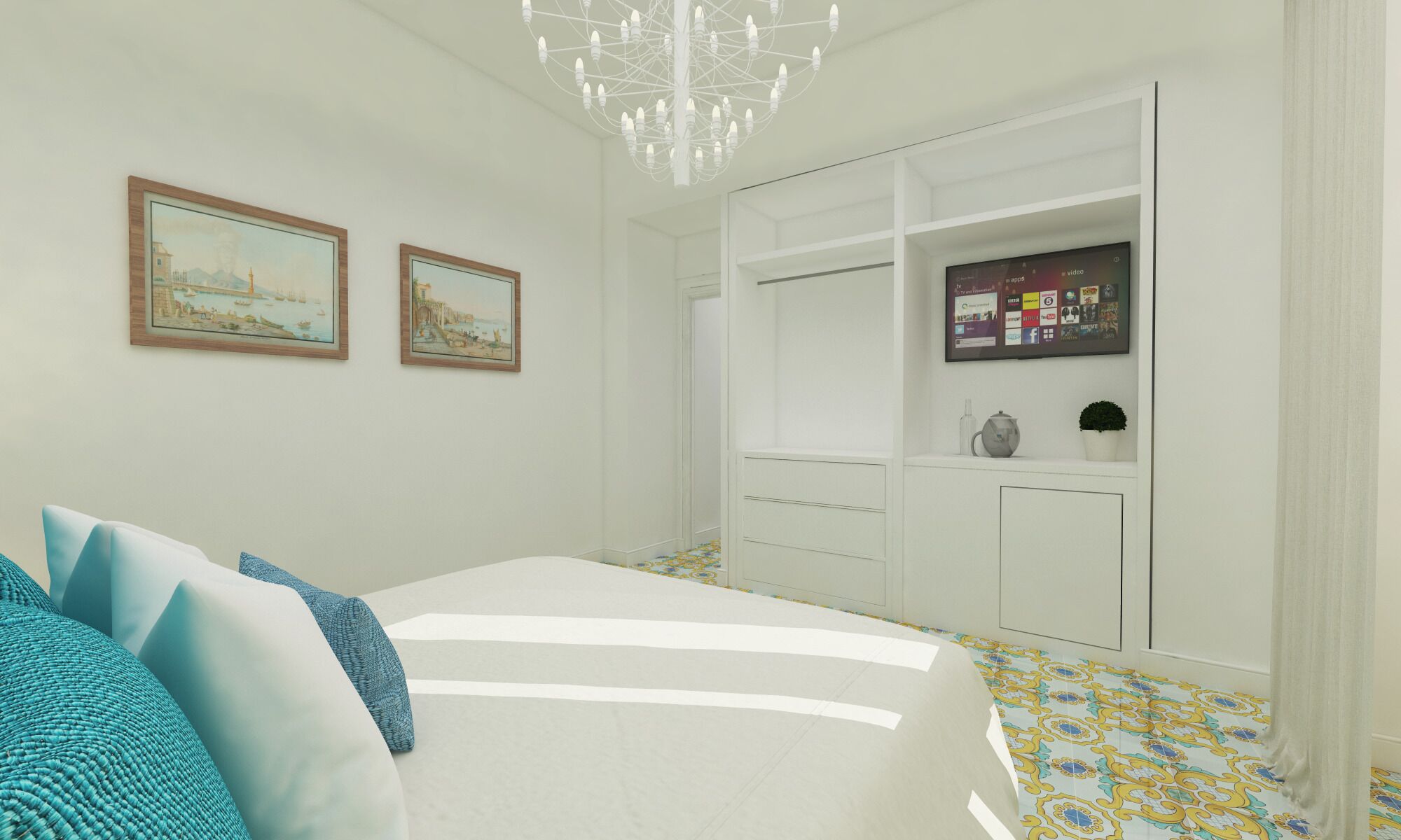 Un dormitorio con cama, armario, televisor y dos cuadros en la pared.