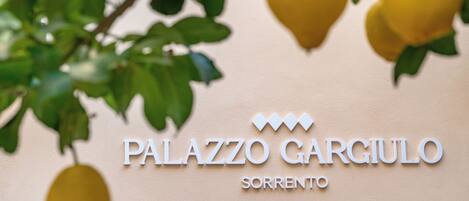 A sign with 'PALAZZO GARGIULO SORRENTO' indicating a hotel name.