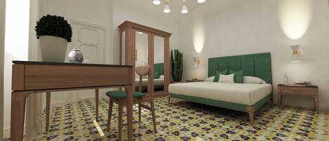 A bedroom with a bed, a desk, a chair, a mirror, and a nightstand.
