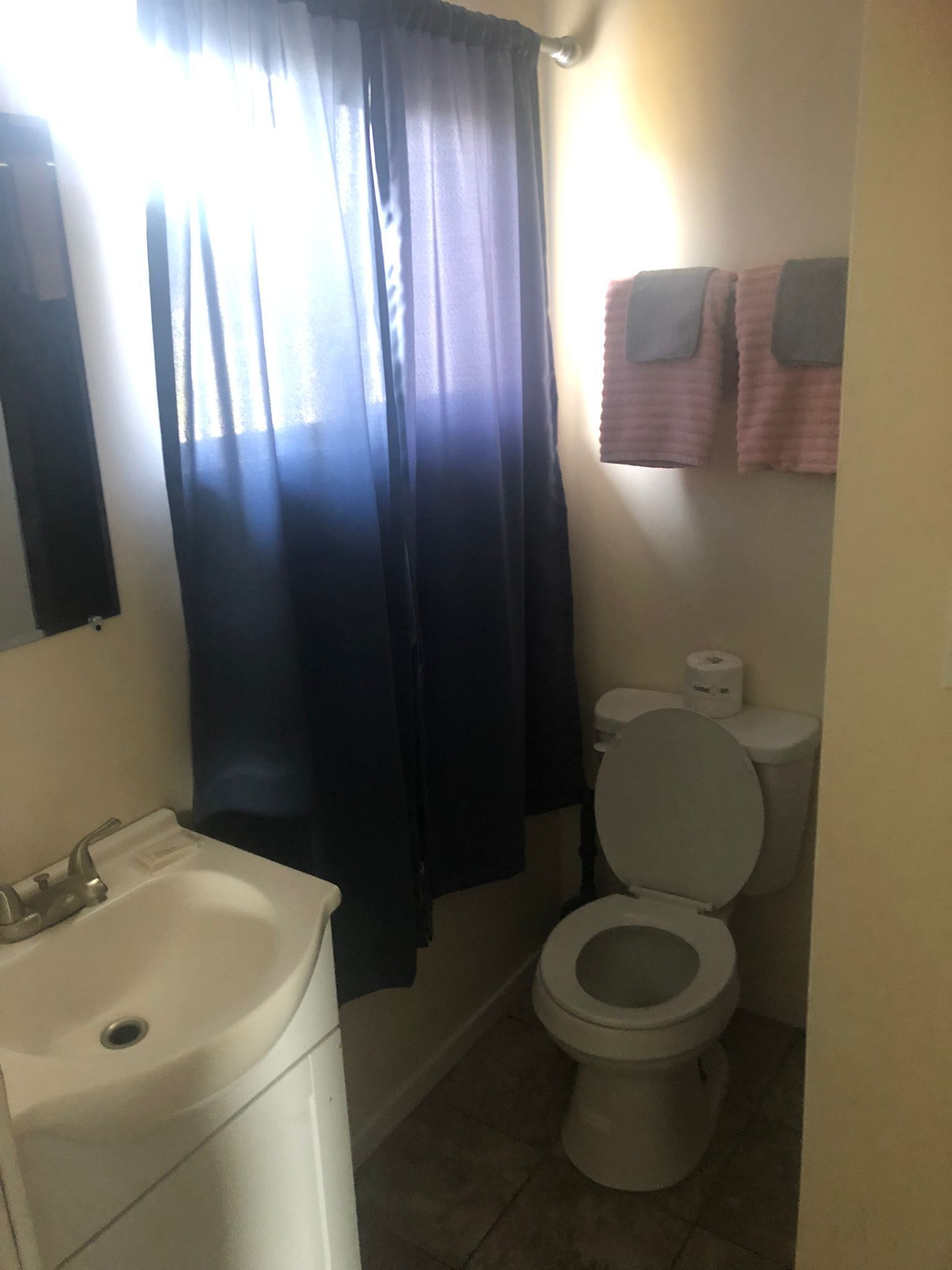 Ein kleines Badezimmer mit Toilette, Waschbecken und einem Fenster mit Vorhängen.
