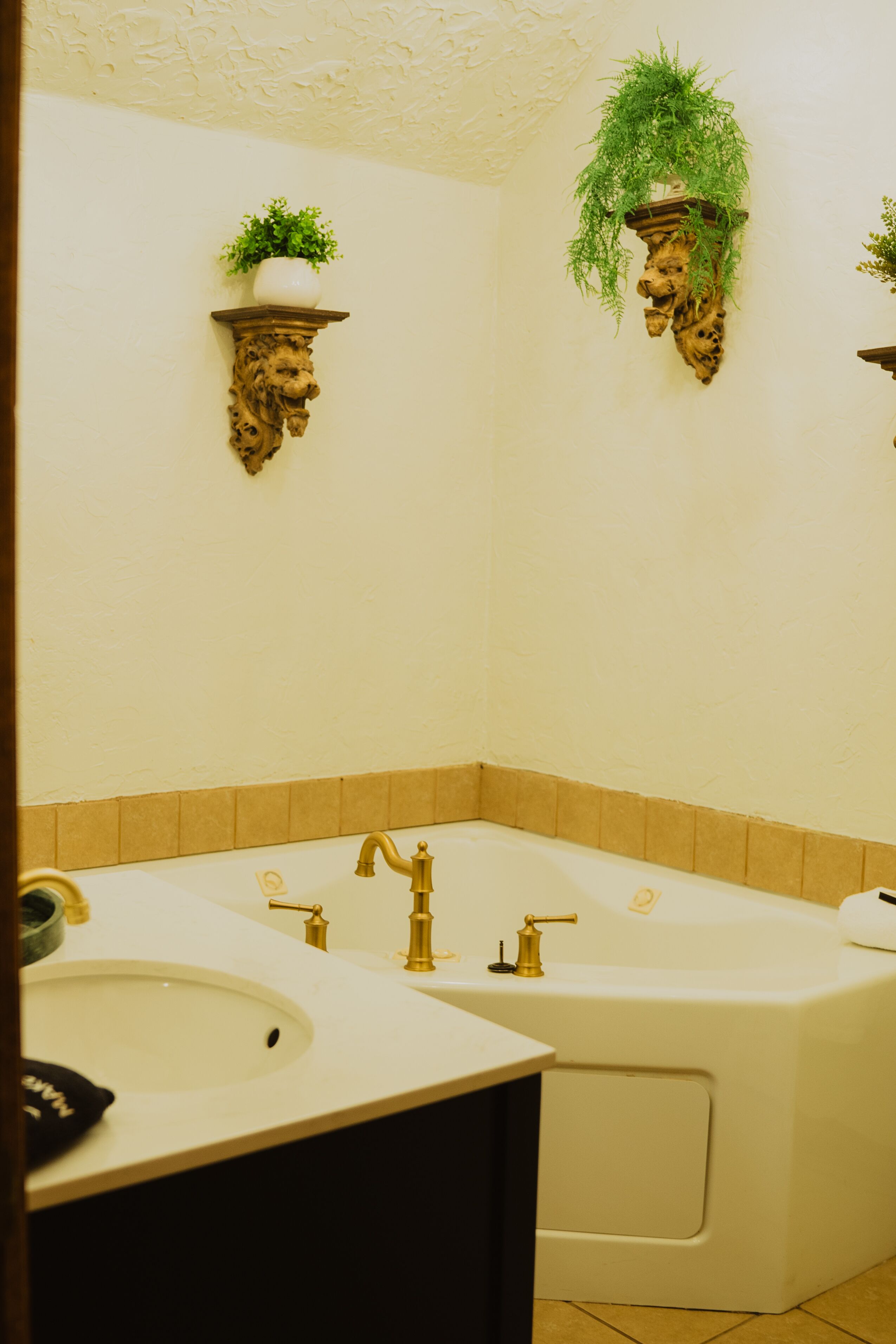 A bathroom with a white sink, a bathtub, and two wall-mounted shelves with plants.