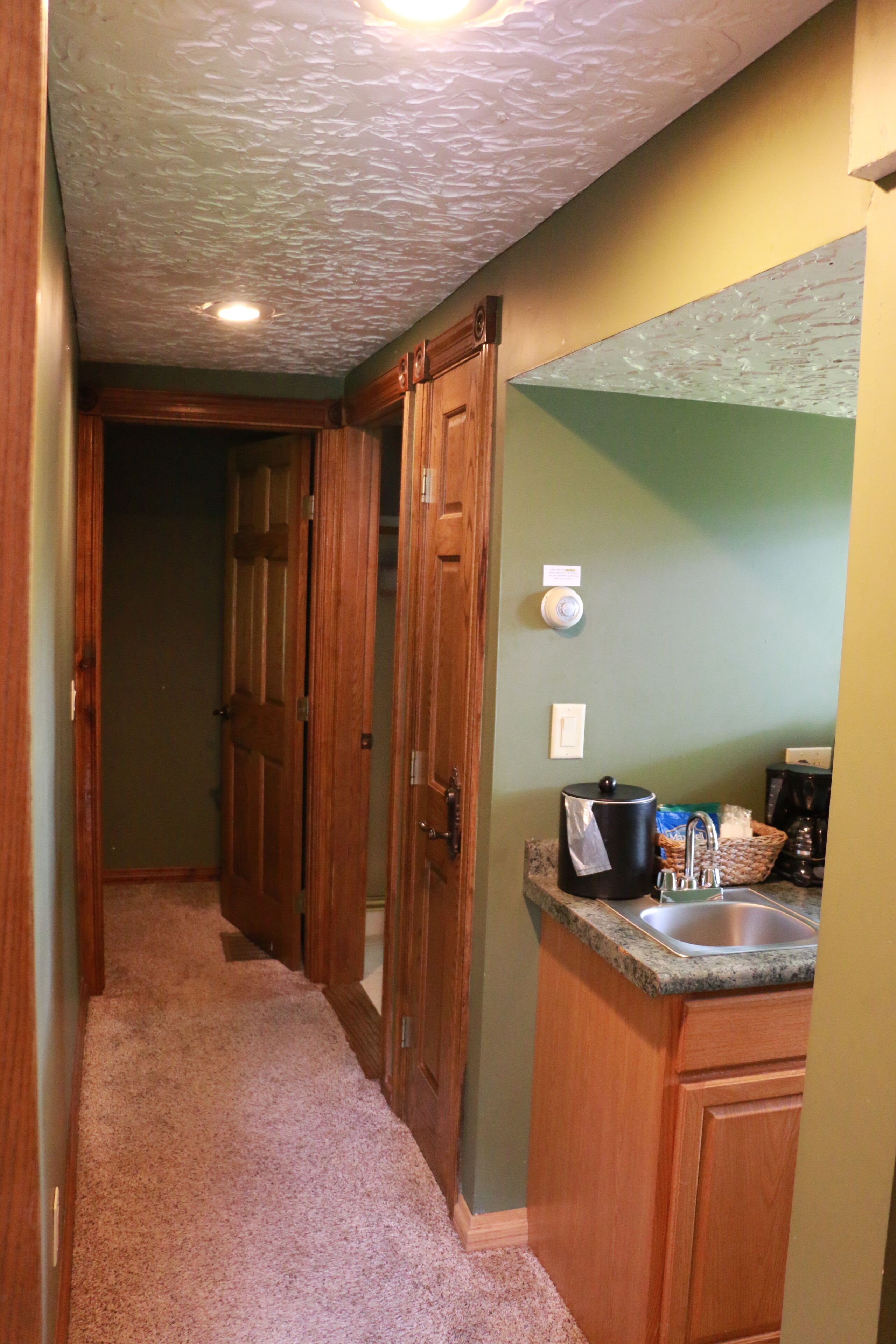 A narrow hallway with wooden doors and a carpeted floor leading to a kitchen area with a granite countertop and a sink.