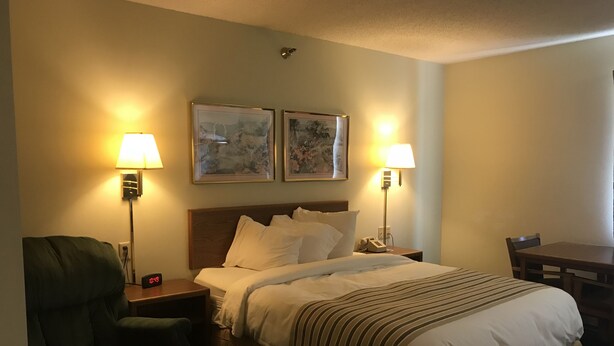 Una habitación de hotel con cama, dos lámparas de noche, una silla, una mesa y dos cuadros en la pared.