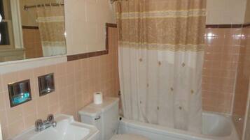 Combined shower/tub, hair dryer, towels