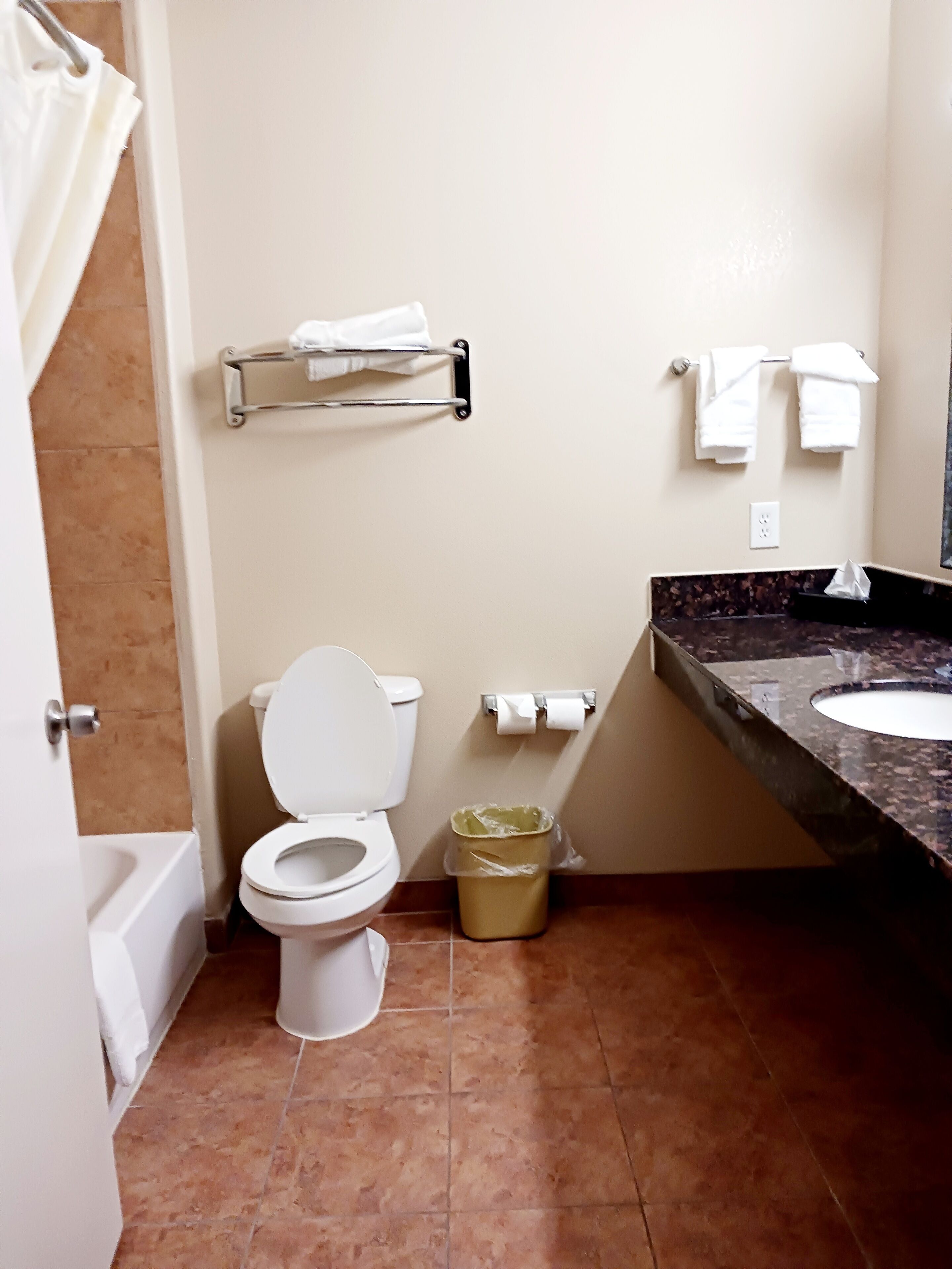 A bathroom with a toilet, a sink, a trash bin, and a towel rack.