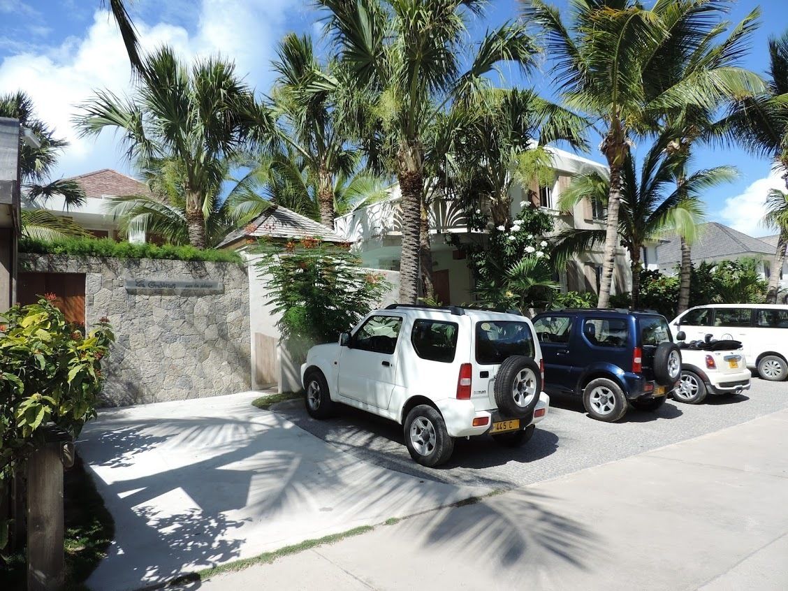 A residential street with parked cars and palm trees.