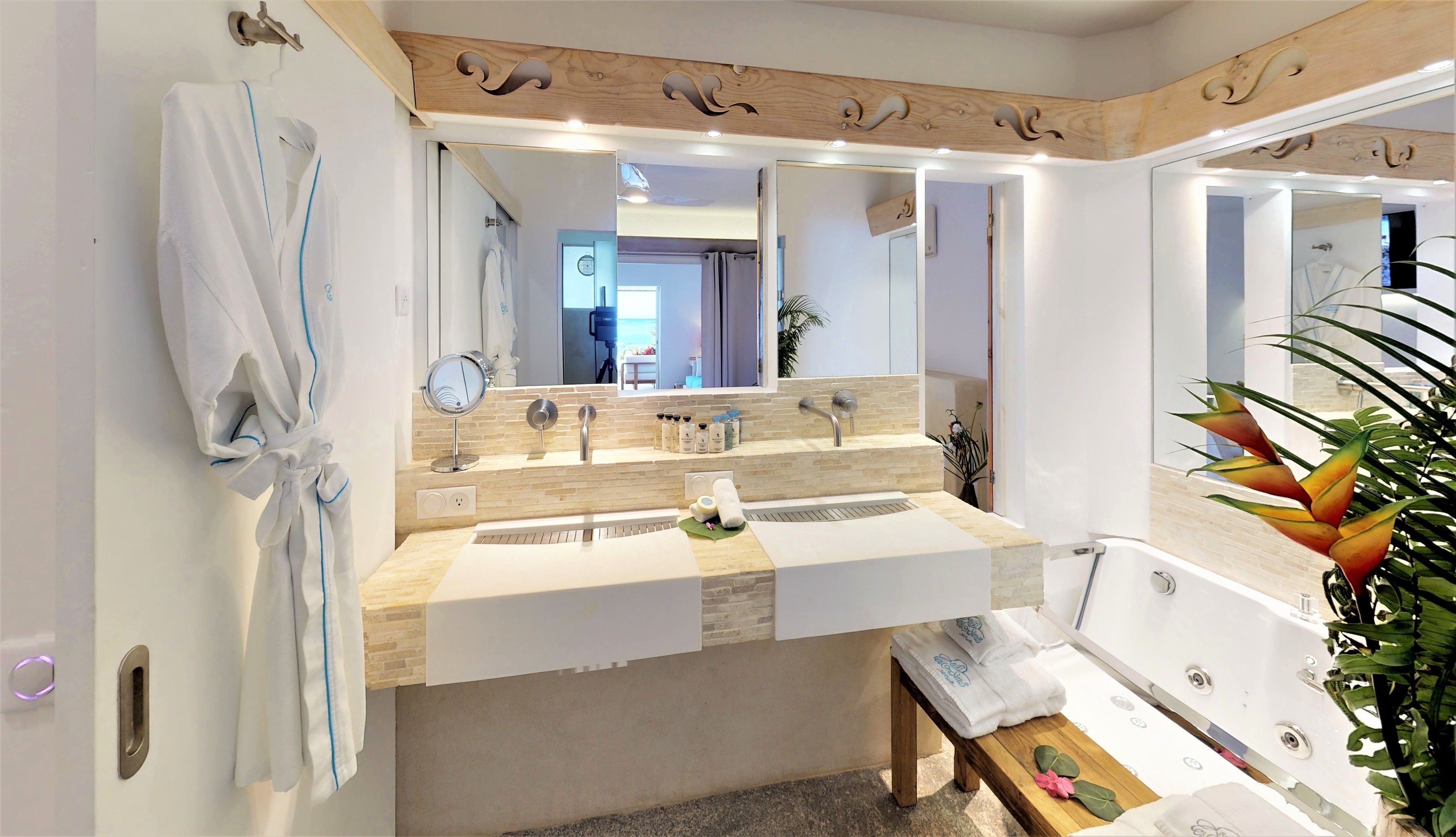 honeymoon suite (delphine) | bathroom | designer toiletries, hair dryer, bathrobes, towels