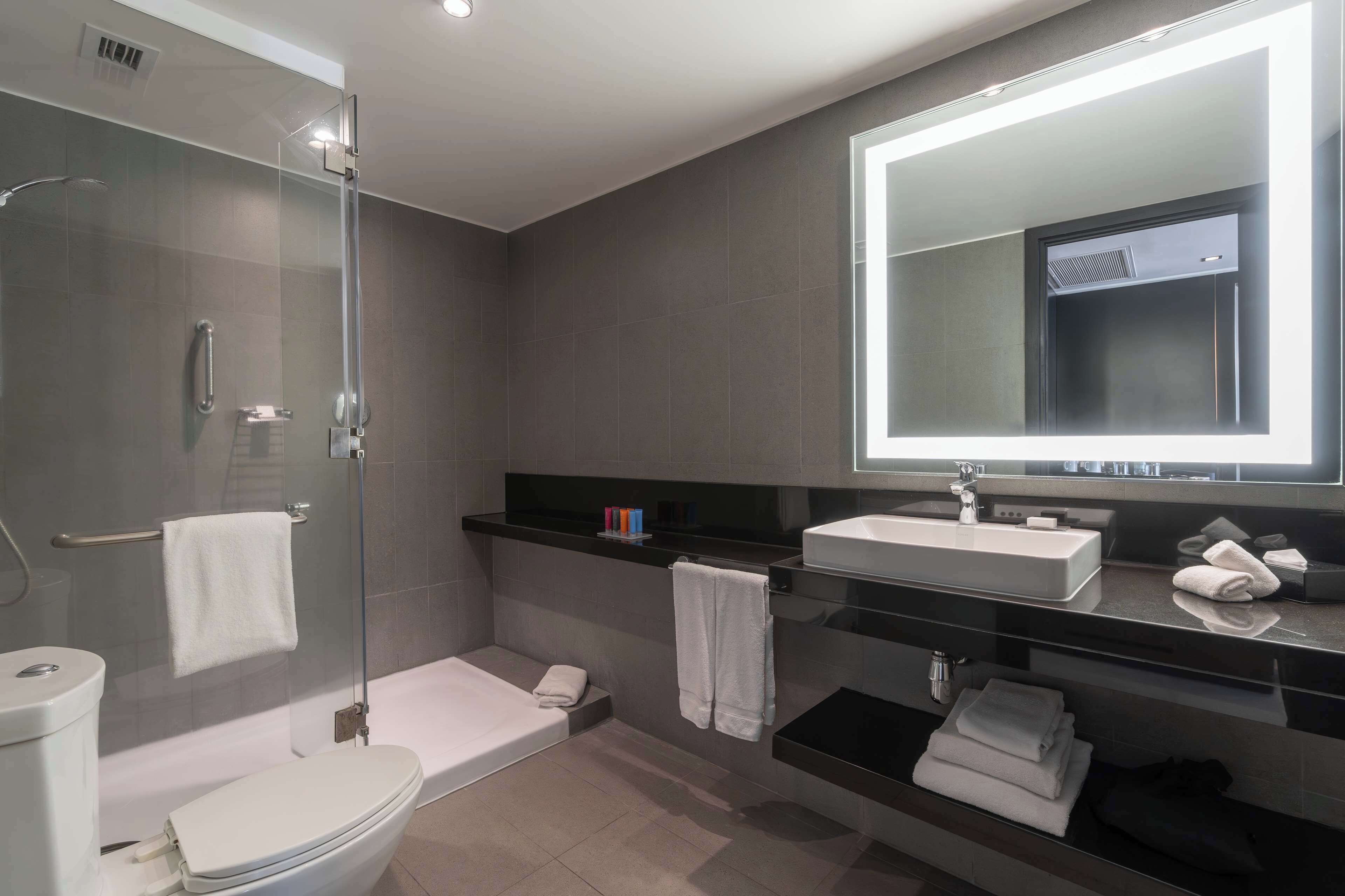 A modern bathroom with a glass-enclosed shower, a white toilet, a bathtub, and a large mirror above a vanity with a sink and towel rack.