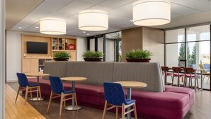 Een moderne zithoek met een bank, stoelen, een televisie en potplanten.