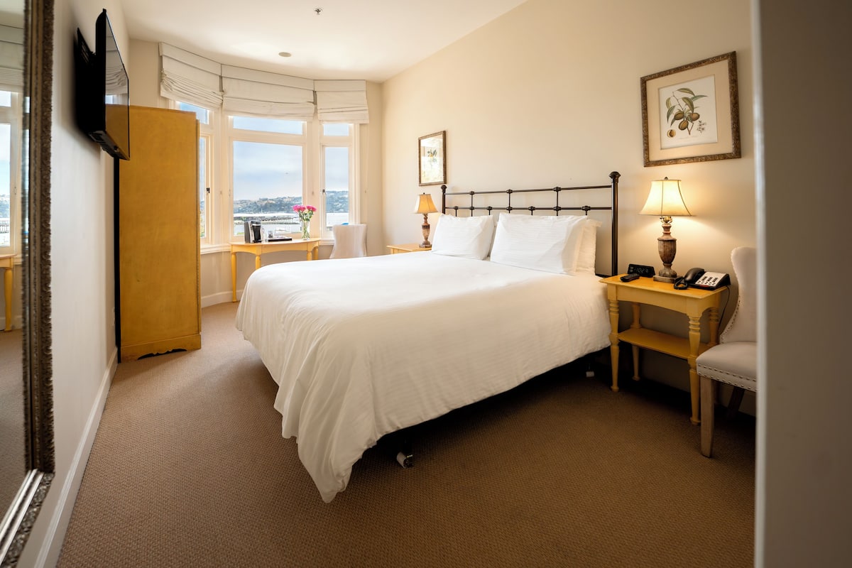 A hotel room with a large bed, a desk, a chair, a TV, and a window with a view.