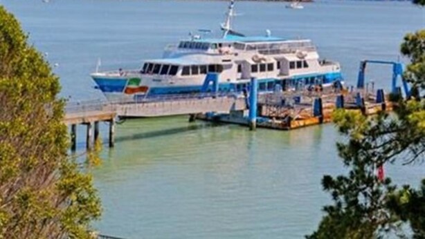 Un ferry atracado en un muelle, con vista despejada al agua y colinas lejanas.
