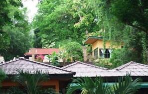 A building with a tiled roof surrounded by dense green foliage.