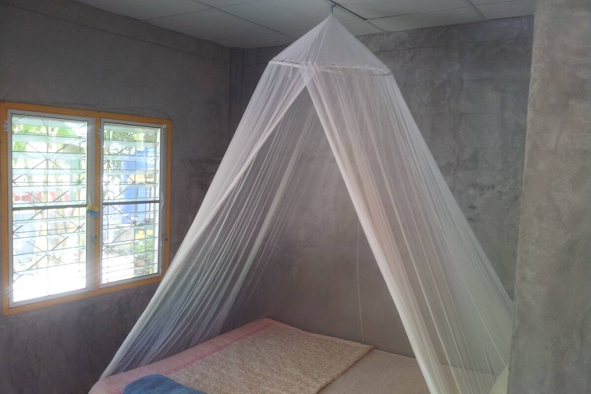 A room with a bed under a white mosquito net, a window with bars, and a concrete wall.