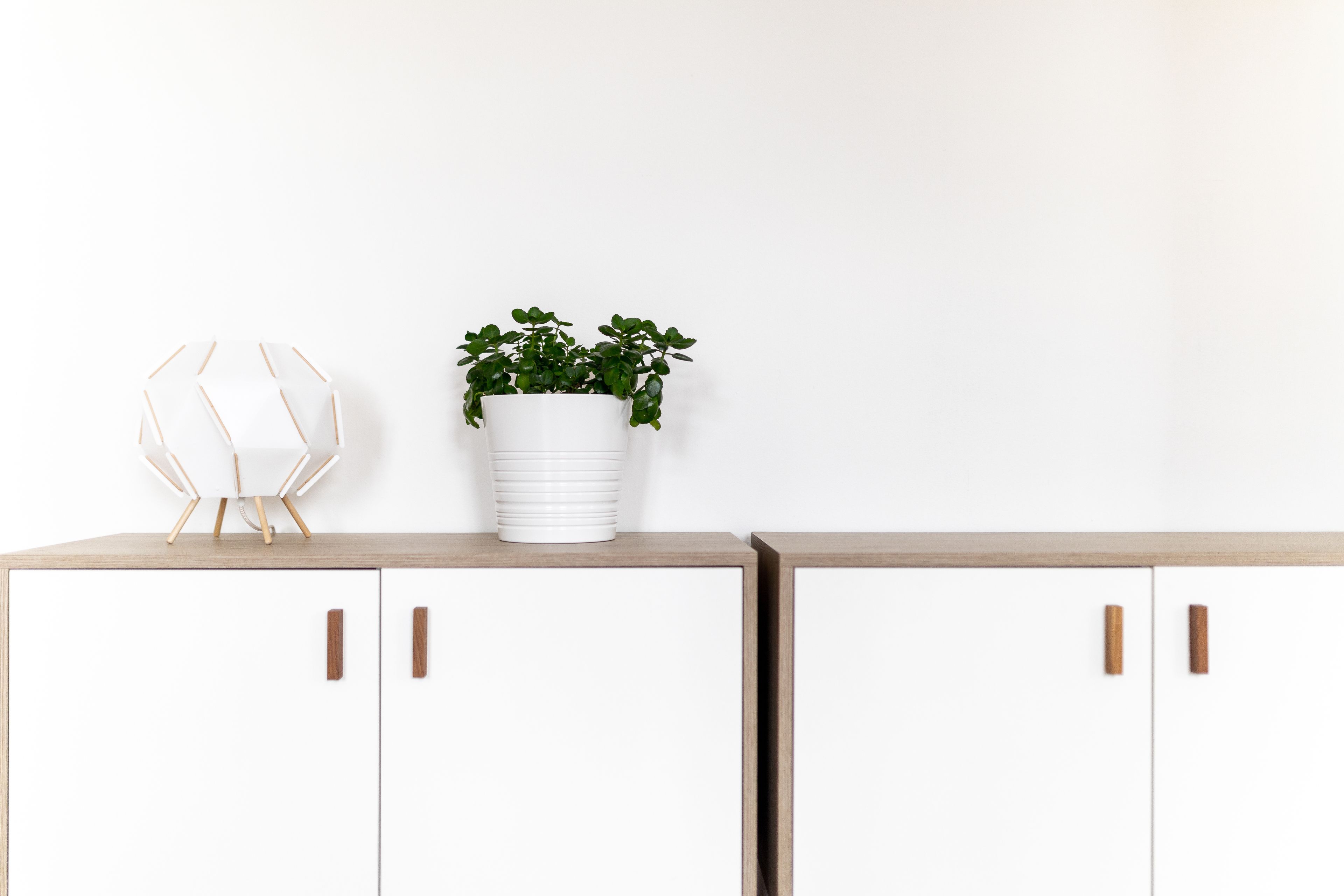 A white cabinet with wooden handles and a white pot with green plants on top.