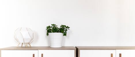 A white cabinet with wooden handles and a white pot with green plants on top.