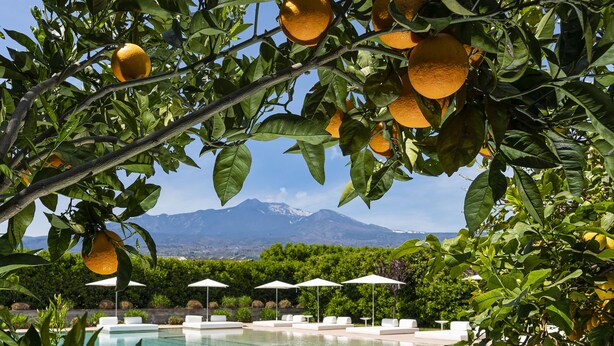 A poolside area with lounge chairs and umbrellas, surrounded by orange trees and a mountain view. - Ramo d'Aria Etna Boutique Hotel (Giarre)