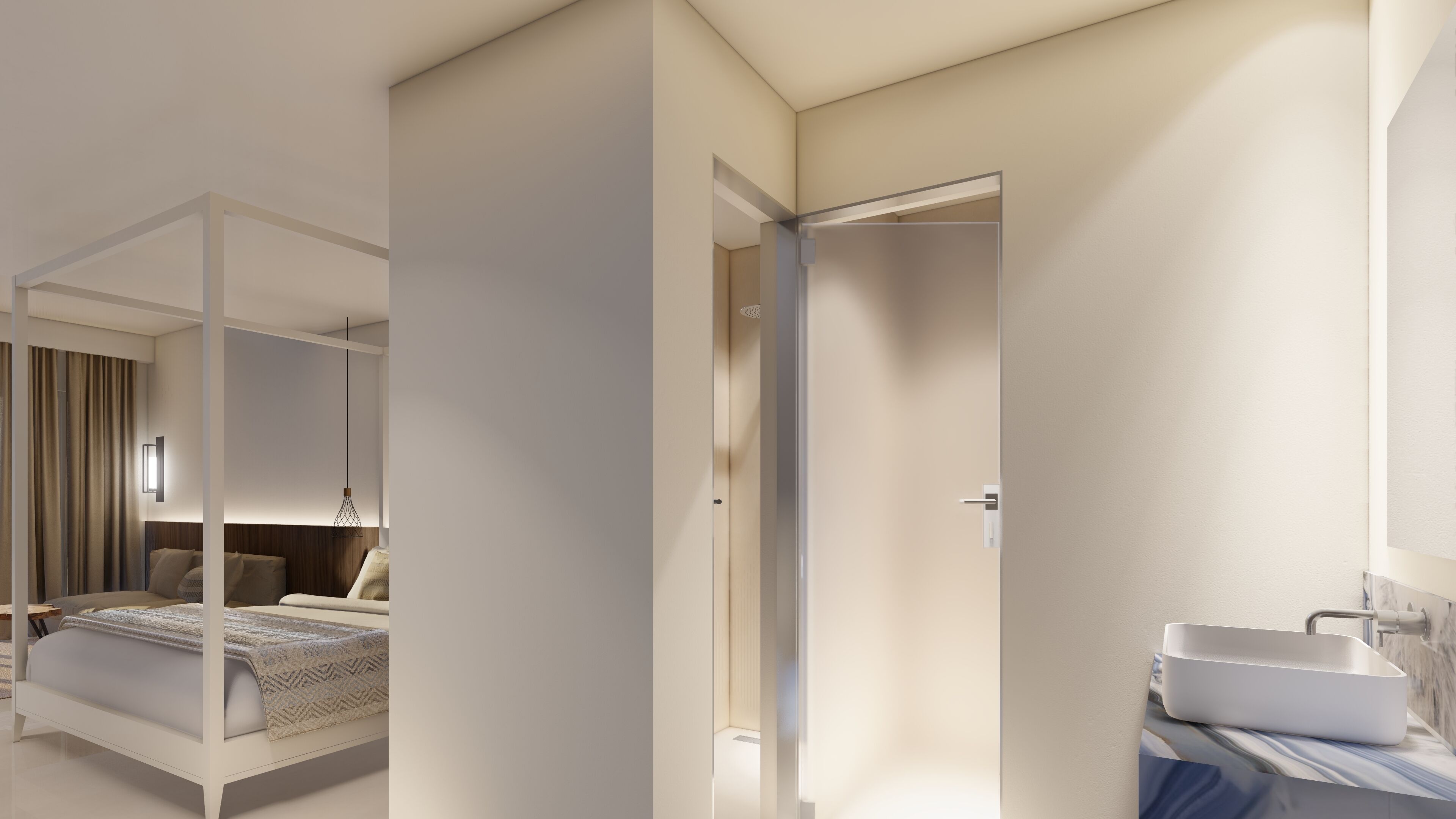 A modern hotel room with a four-poster bed, a bedside table, a wall-mounted light, and a bathroom with a sink and mirror.