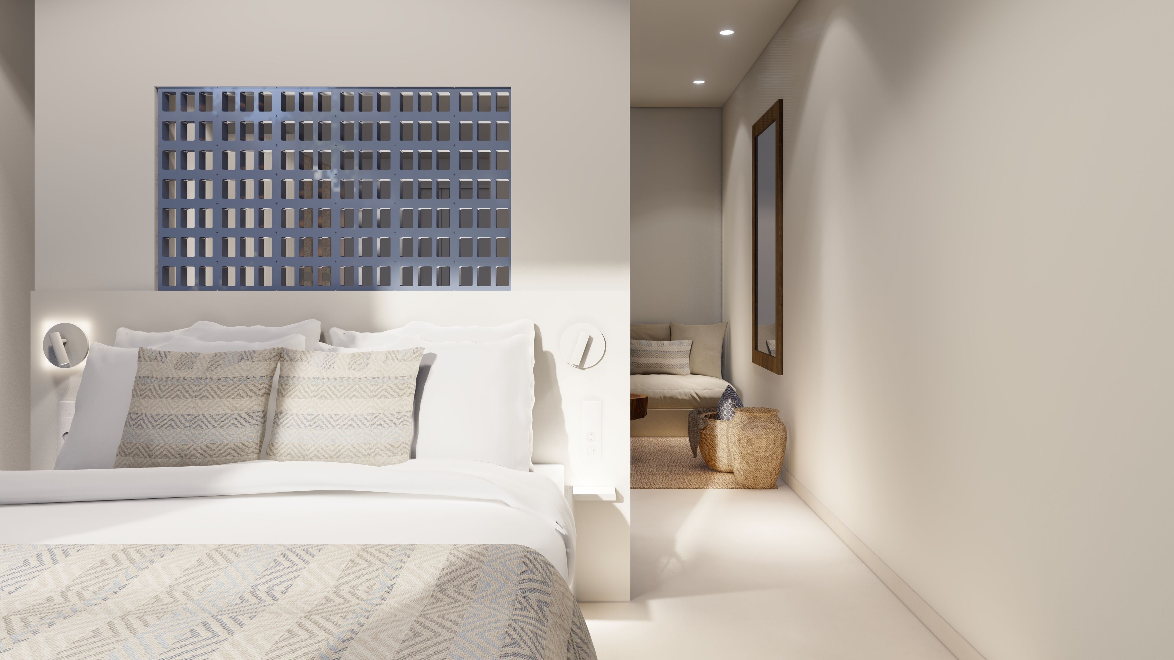 Ein modernes Schlafzimmer mit Bett, Wandleuchte, dekorativer Wandverkleidung und Spiegel.