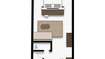 Un plan d’étage d’une chambre d’hôtel comprenant un lit, un bureau, une chaise, une petite table, un canapé, une salle de bain et un espace douche.