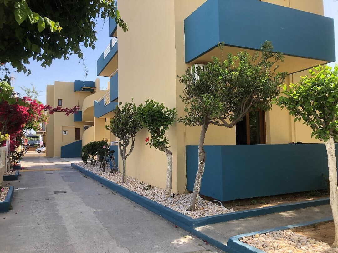 Una hilera de edificios amarillos y azules con pequeños árboles y un sendero de grava.