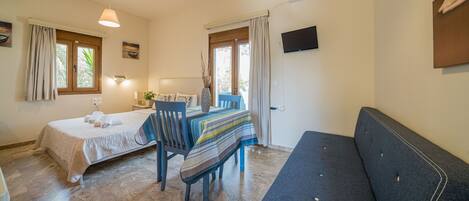 Un dormitorio con cama, sofá, mesa de comedor y televisor.