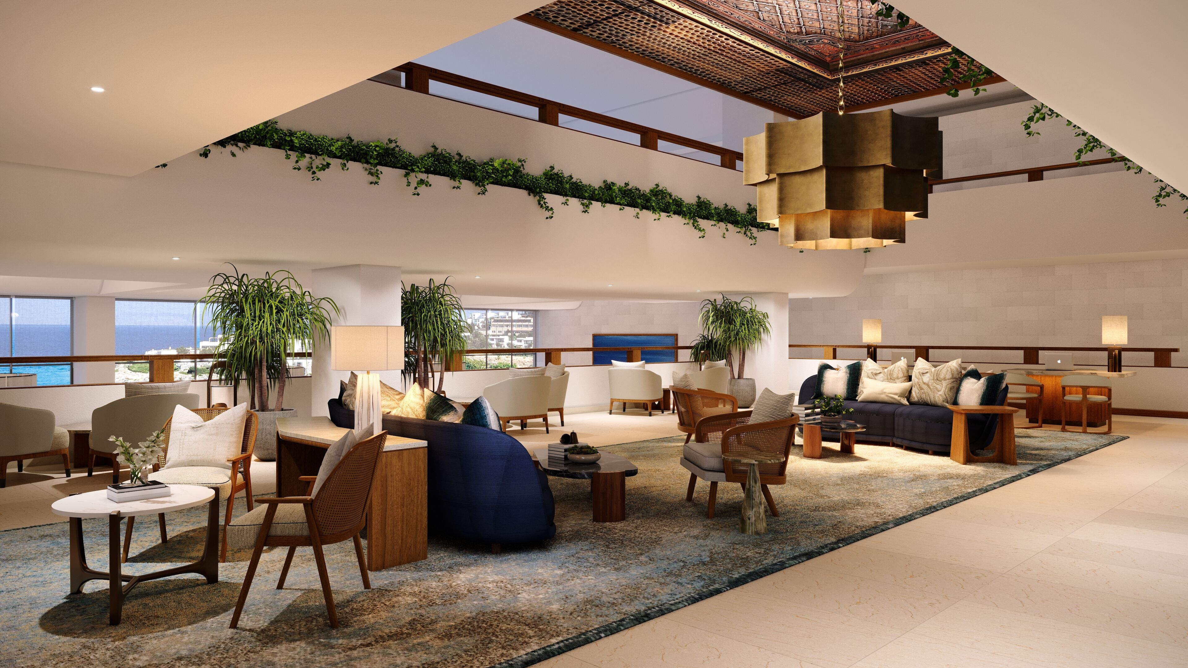 A spacious living area with multiple seating options, a large window offering a view of the sea, and a ceiling with a unique design.