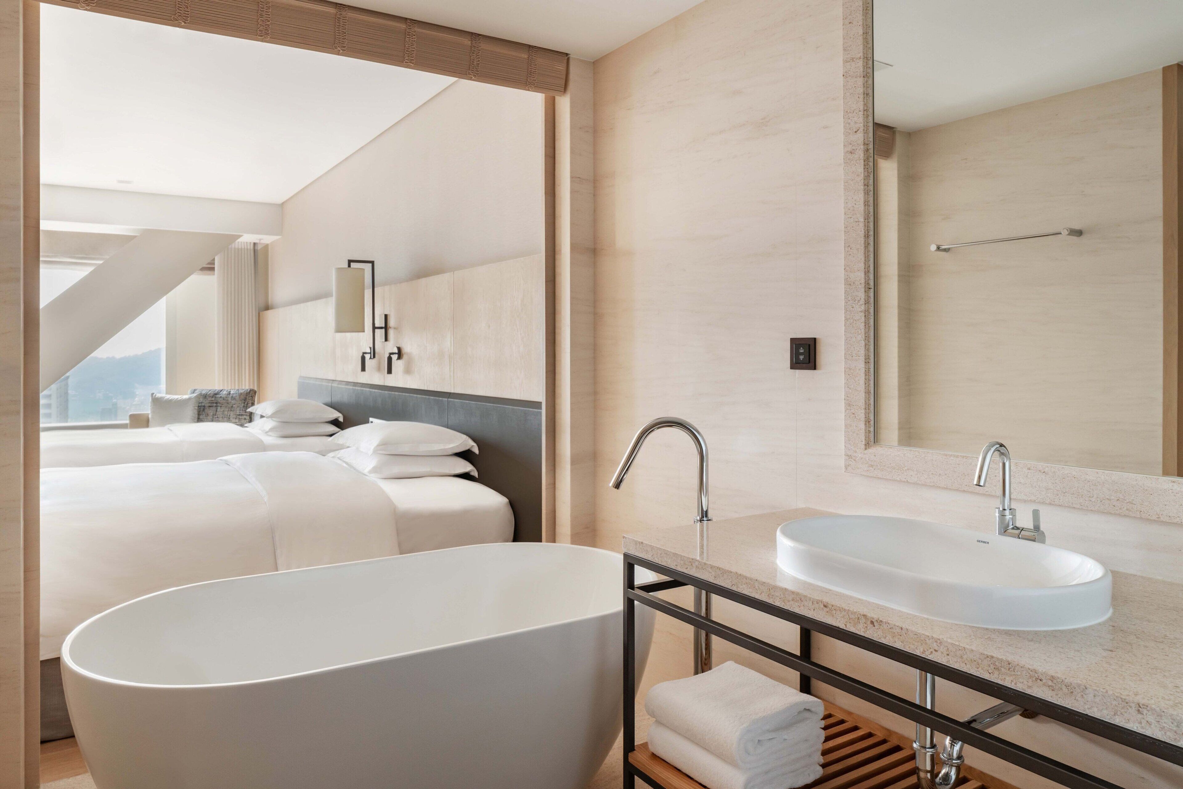 separate bathtub and shower, deep-soaking bathtub