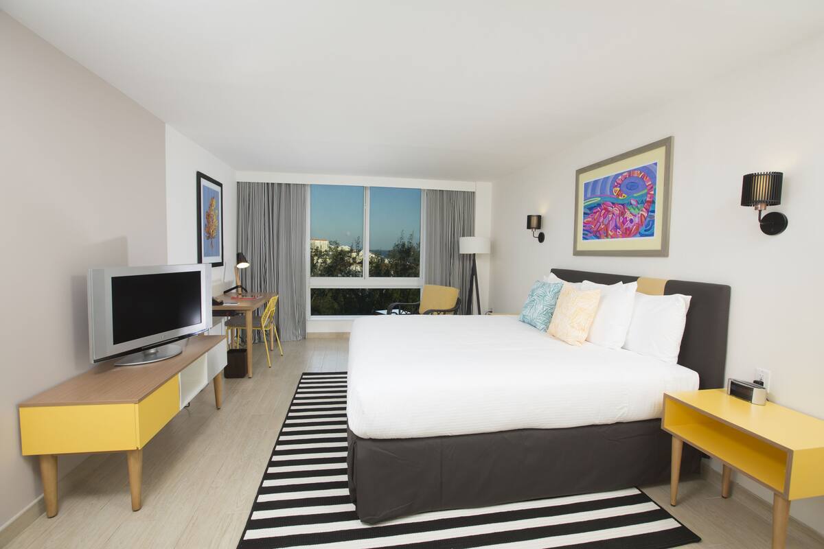 Habitación de hotel moderna con una cama grande, un televisor de pantalla plana, un escritorio y vistas al exterior.