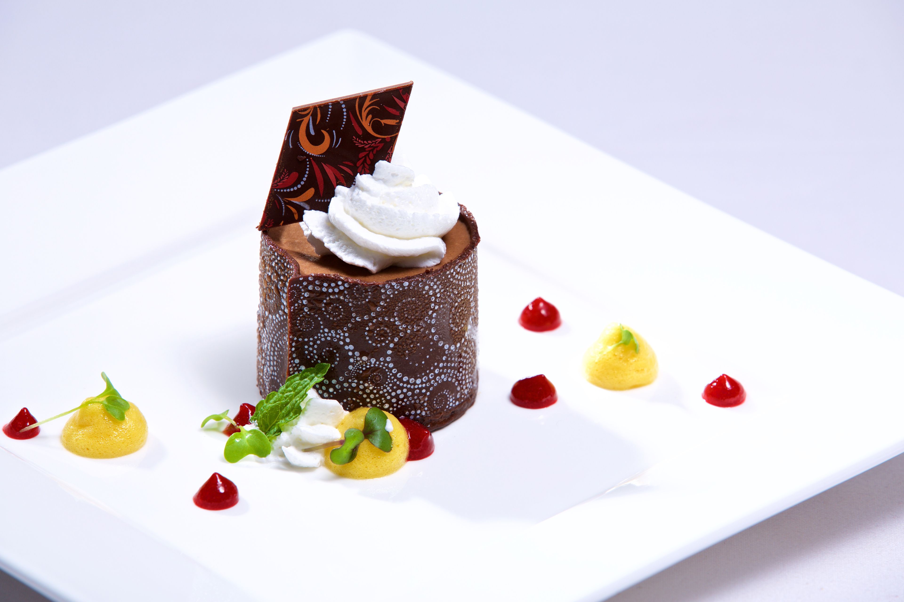 A dessert on a white plate with chocolate, white cream, and garnishes.
