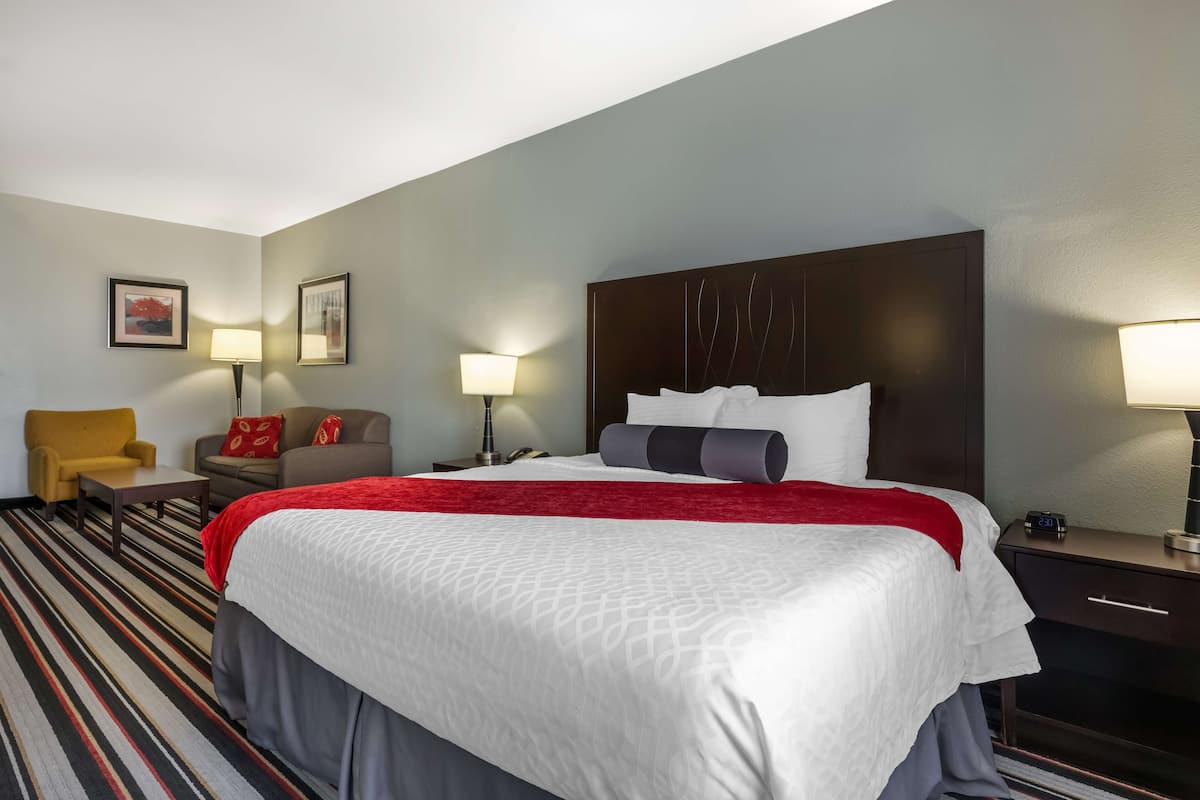 A hotel room with a large bed, a sofa, two side tables with lamps, and a striped carpet.