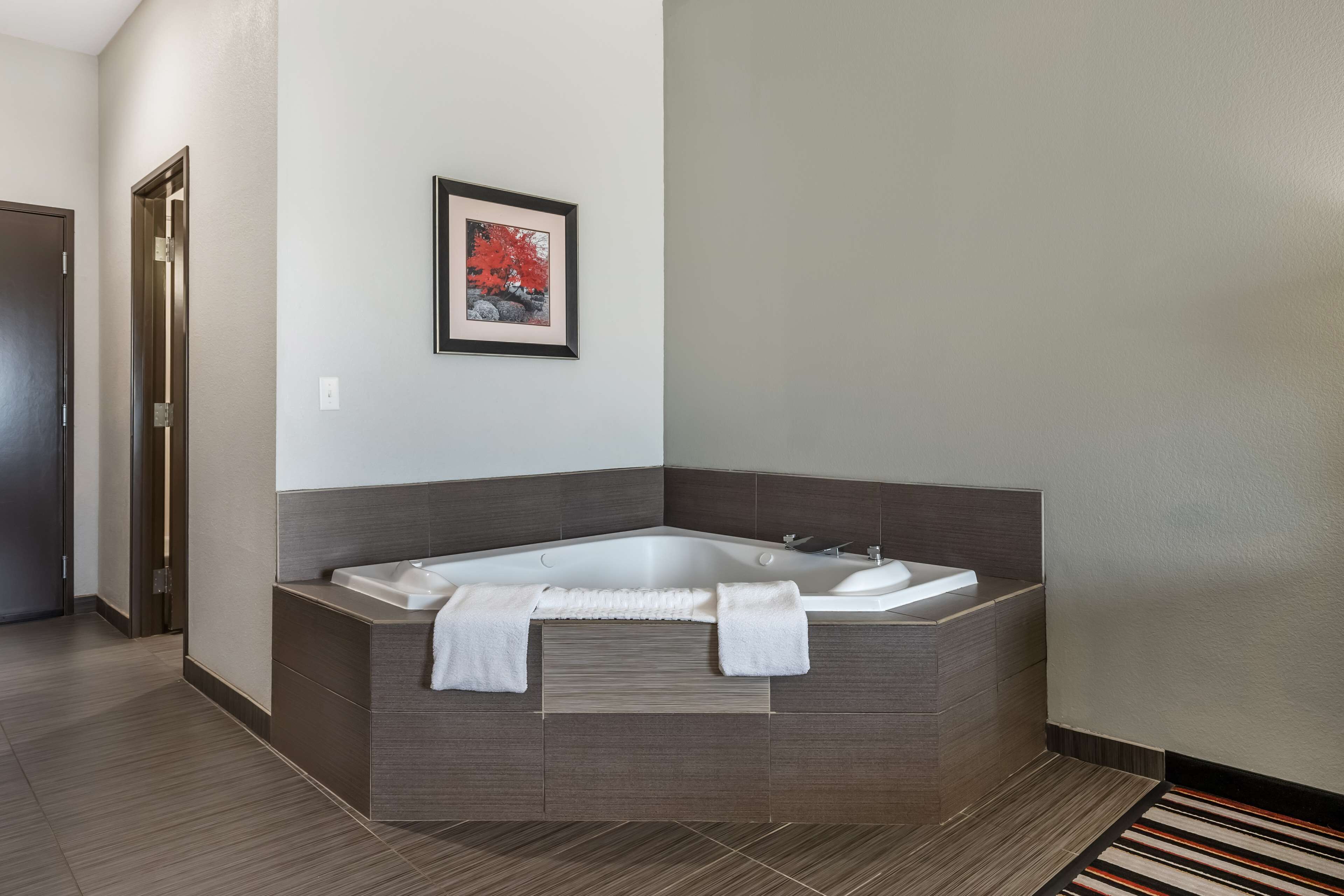 A modern bathroom with a freestanding bathtub, a framed picture on the wall, and a striped rug on the floor.