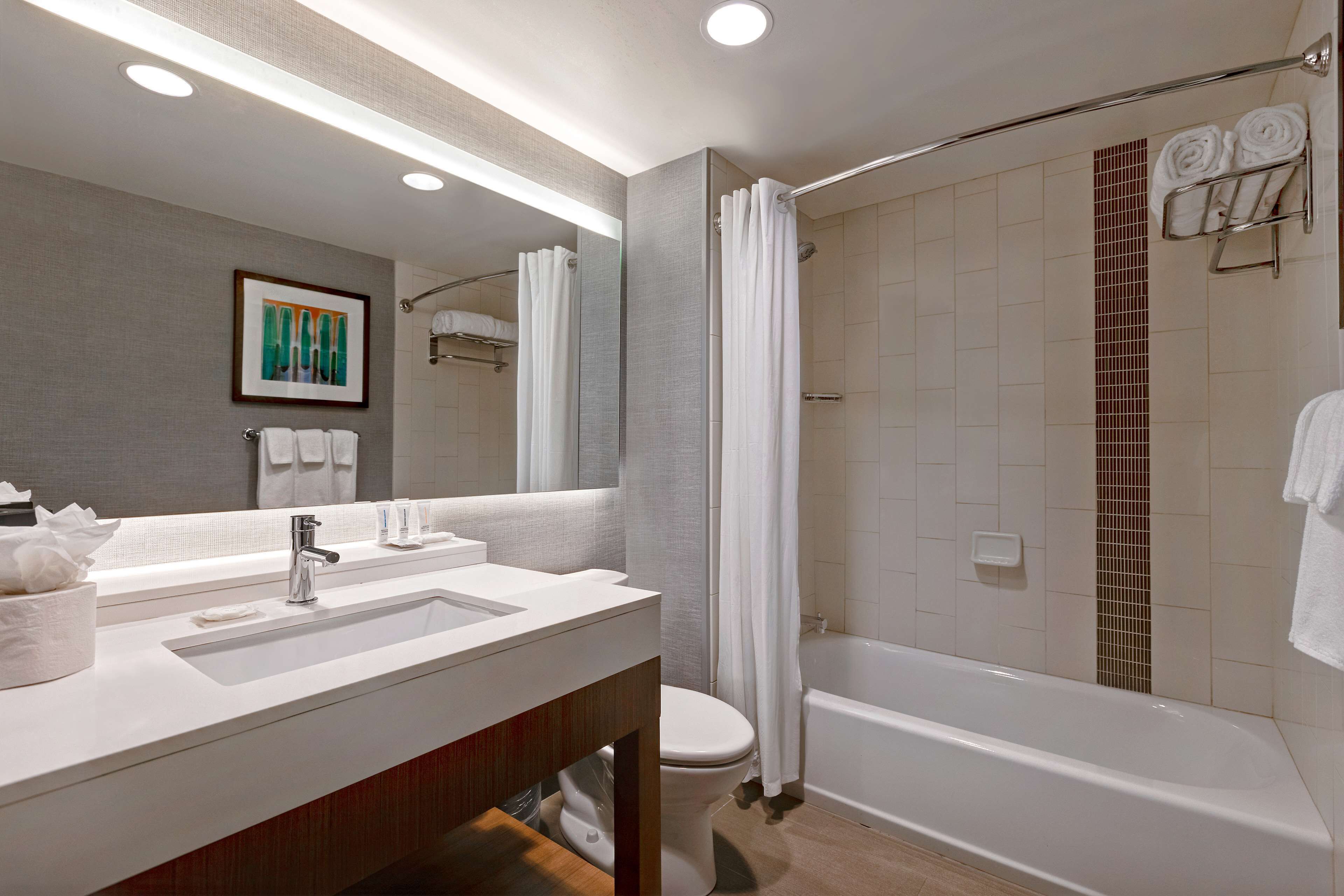 combined shower/bathtub, designer toiletries, hair dryer, towels