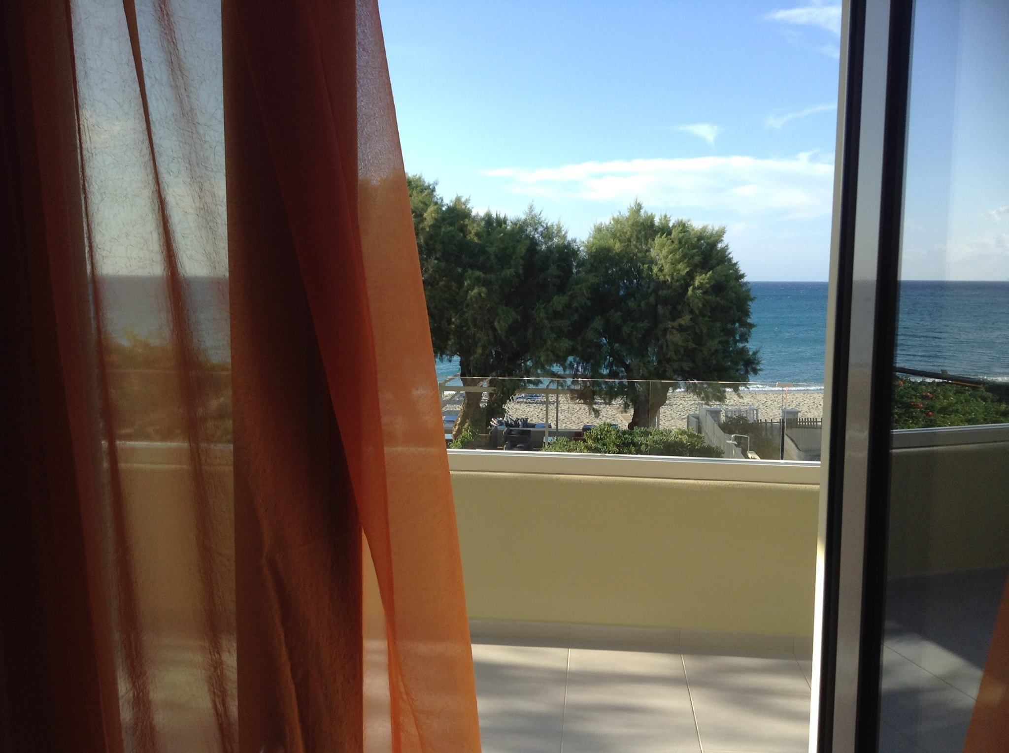 A balcony with a view of the sea and a tree.