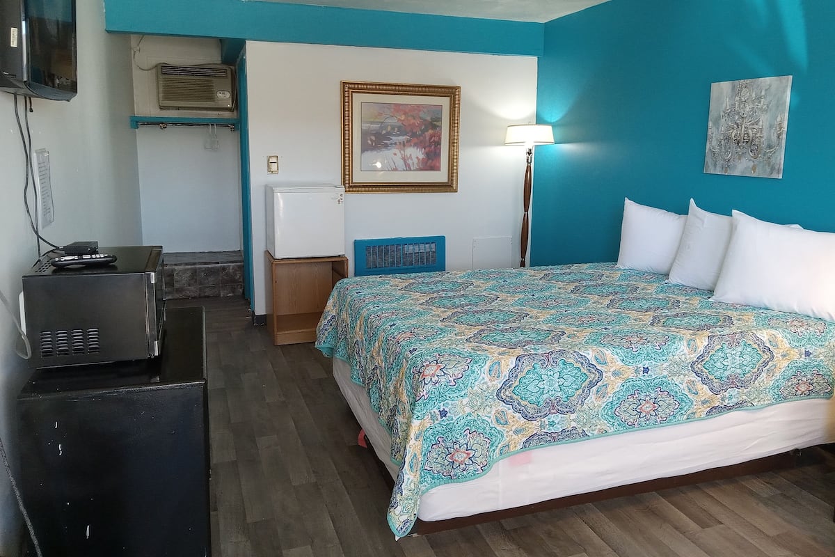 Une chambre d’hôtel équipée d’un lit, d’un bureau, d’une télévision et d’un réfrigérateur.