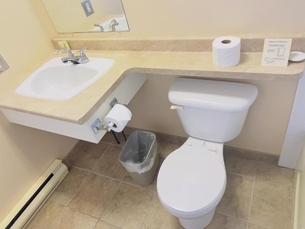 Un baño con lavamanos, inodoro y cubo de basura.