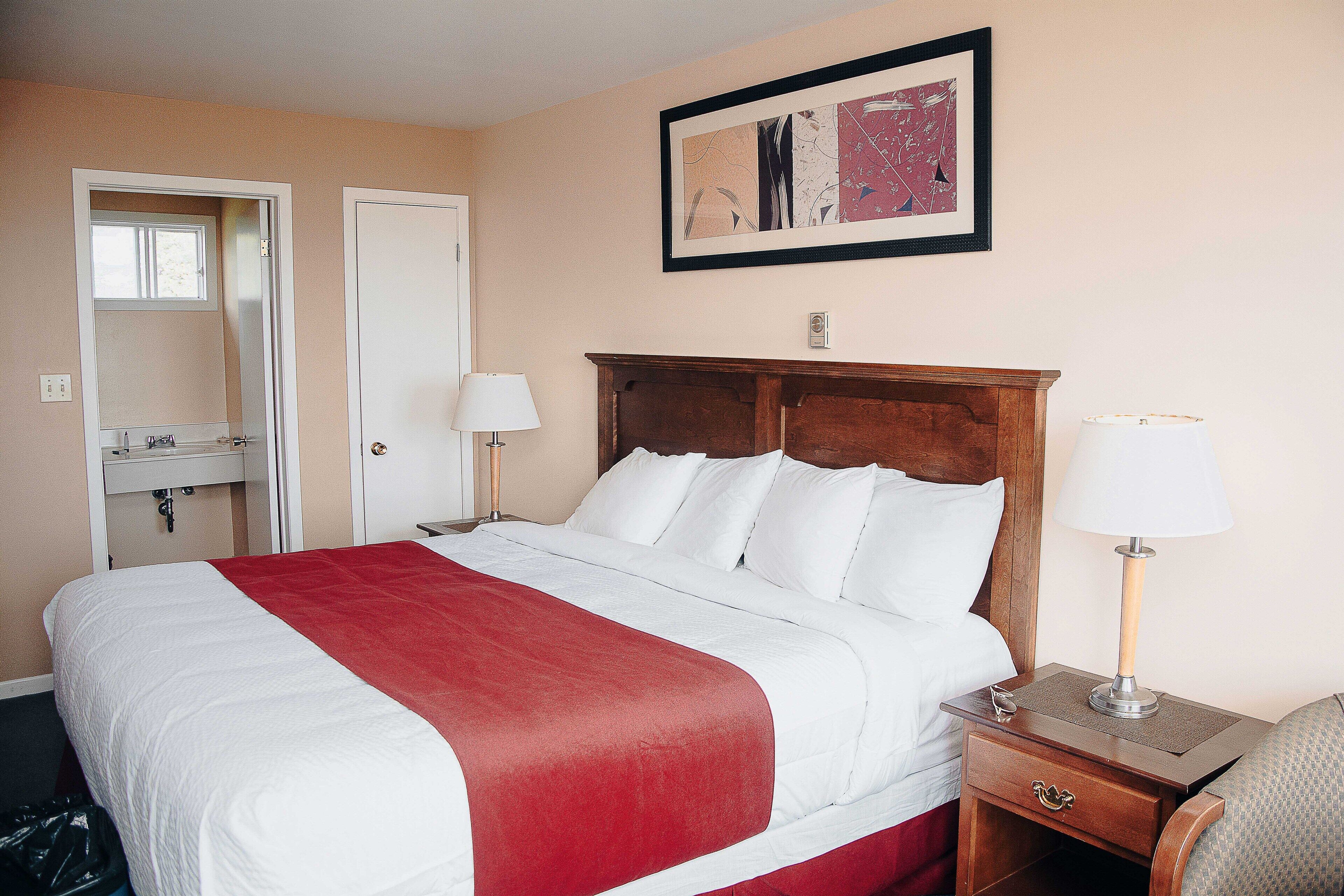 Una habitación de hotel con una cama, dos mesitas de noche con lámparas, un cabecero de madera, una obra de arte enmarcada en la pared y un baño con espejo y lavamanos.