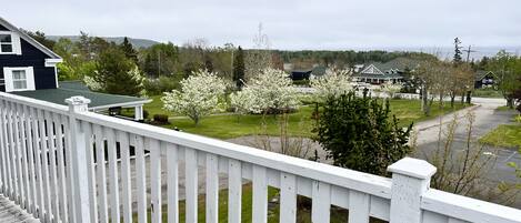 Una terraza de madera con baranda blanca que da vista a una zona residencial con casas, césped y árboles en flor.