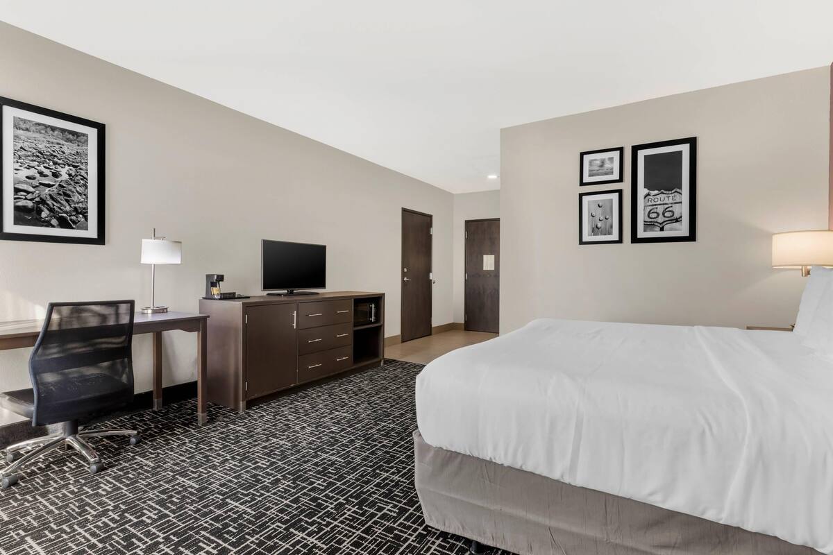 Habitación de hotel con cama, escritorio, silla, televisor, armario y cuadros en las paredes.