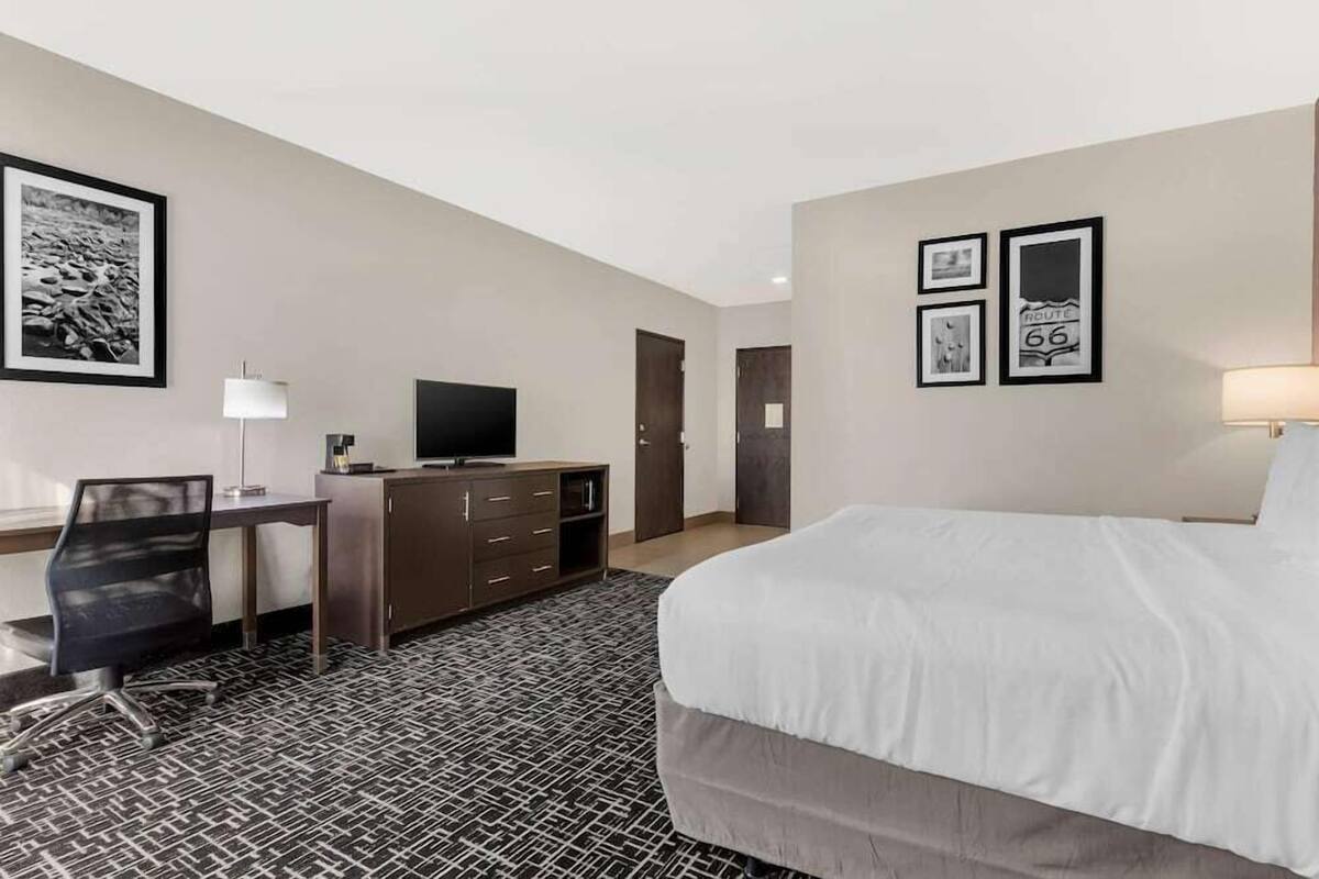 Habitación de hotel con cama, escritorio, silla, televisor, armario y cuadros en la pared.