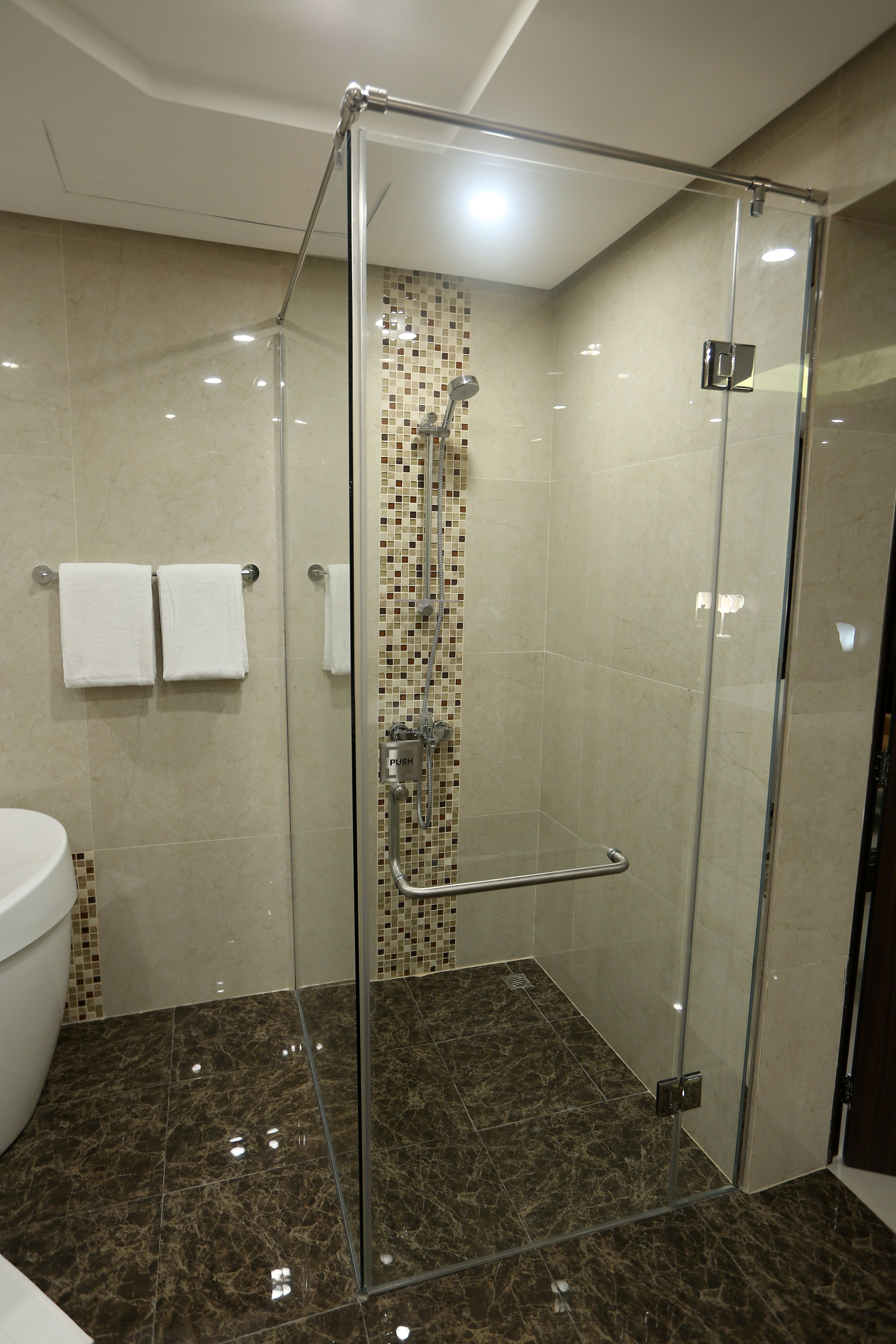 A glass-enclosed shower stall with a tiled floor, a glass door, and a handrail.