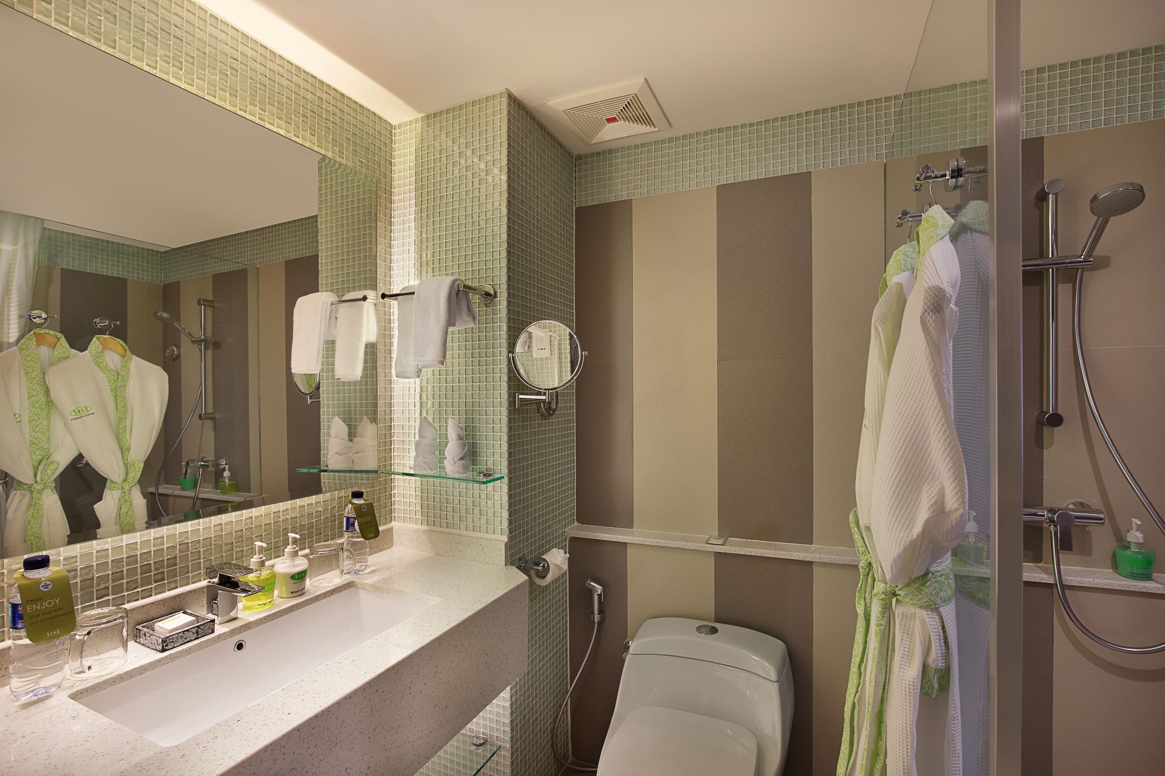 shower, free toiletries, hair dryer, bathrobes