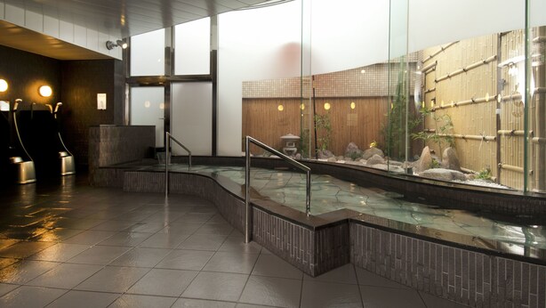 A modern indoor pool area with a glass barrier, stone steps, and a bamboo wall. - Niigata Daiichi Hotel (Niigata)