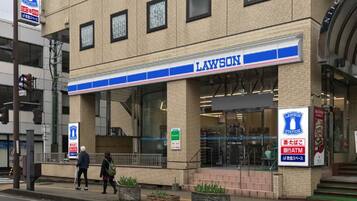 A Lawson convenience store with a blue and white sign, located on a city street.