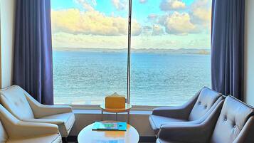 A room with two leather armchairs, a small table, and a view of the sea through large windows.